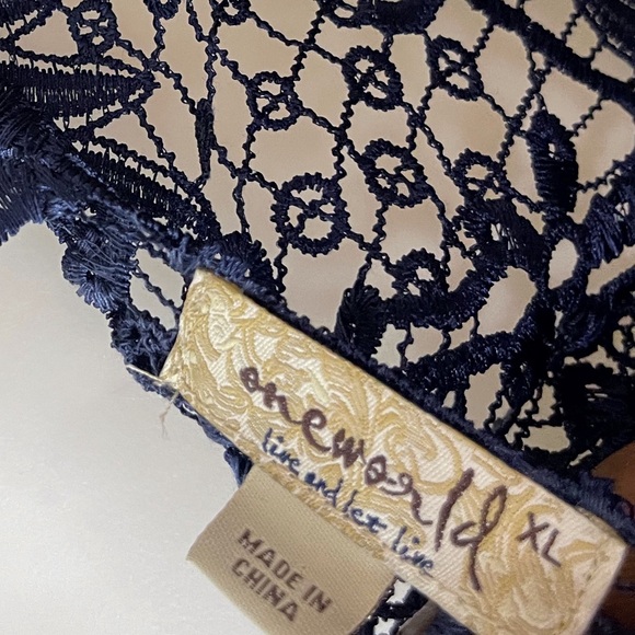 ONE WORLD Navy Crochet Trim Flowy Kimono Boho Bohemian Chic Workwear Comfy - Picture 3 of 8